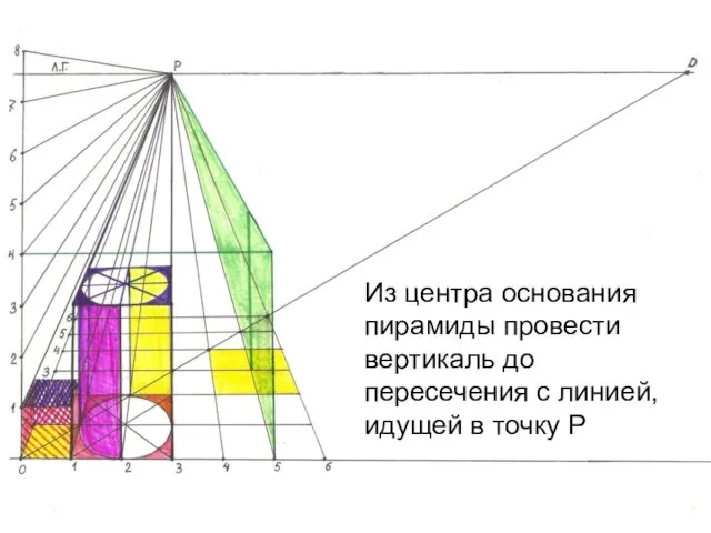 Из центра основания пирамиды провести вертикаль до пересечения с линией, идущей в точку Р