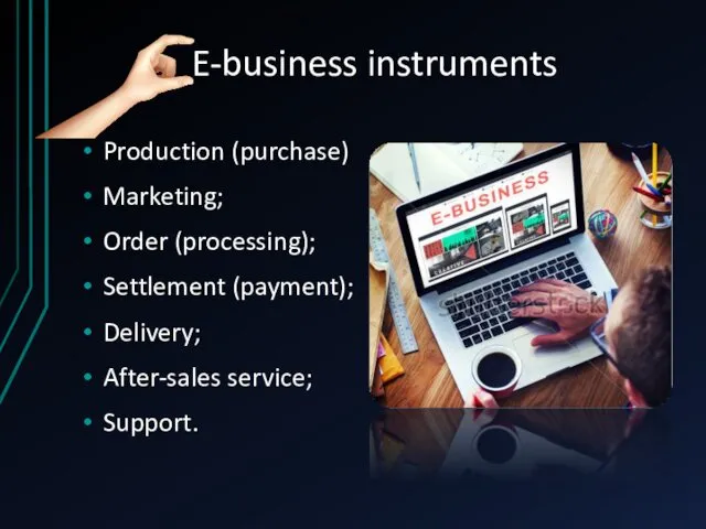 E-business instruments Production (purchase) Marketing; Order (processing); Settlement (payment); Delivery; After-sales service; Support.