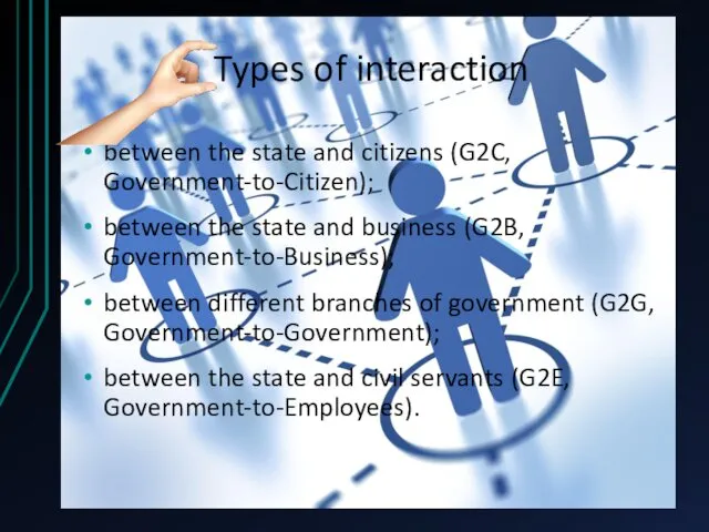 between the state and citizens (G2C, Government-to-Citizen); between the state