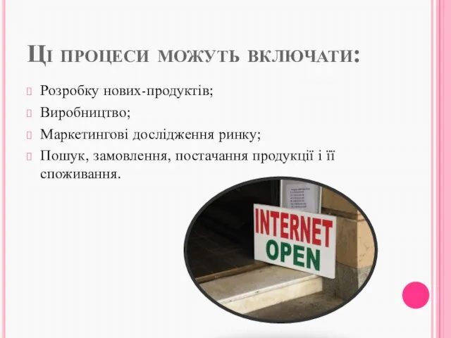 Ці процеси можуть включати: Розробку нових-продуктів; Виробництво; Маркетингові дослідження ринку;