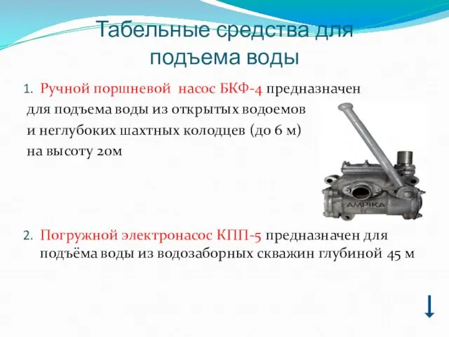 Табельные средства для подъема воды Ручной поршневой насос БКФ-4 предназначен