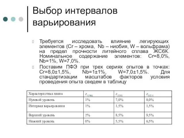 Выбор интервалов варьирования Требуется исследовать влияние легирующих элементов (Cr –