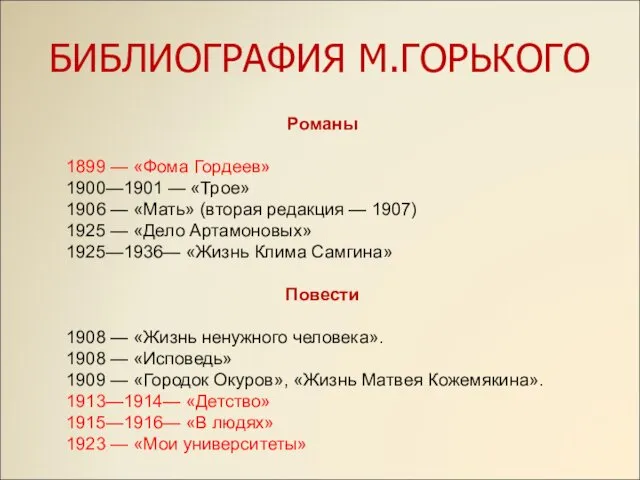 Романы 1899 — «Фома Гордеев» 1900—1901 — «Трое» 1906 —