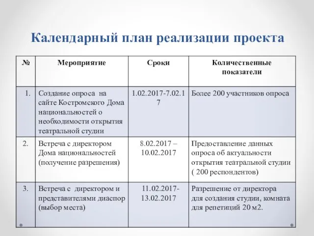 Календарный план реализации проекта