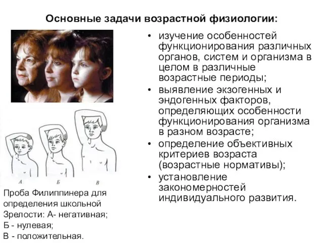 Основные задачи возрастной физиологии: изучение особенностей функционирования различных органов, систем