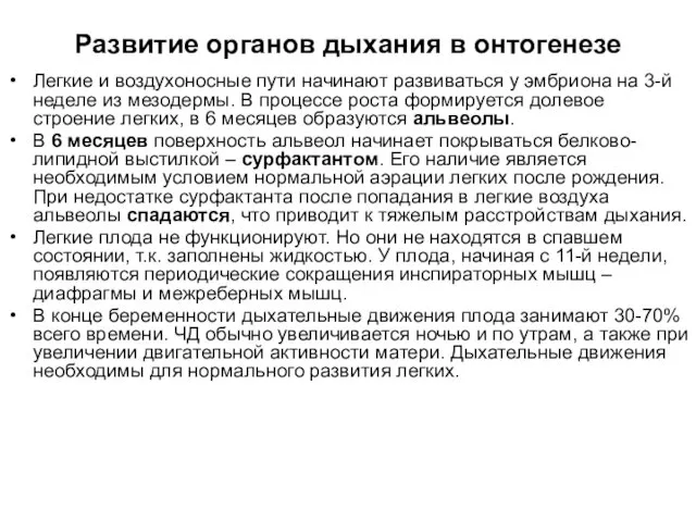 Развитие органов дыхания в онтогенезе Легкие и воздухоносные пути начинают