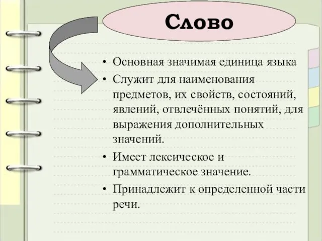 Основная значимая единица языка Служит для наименования предметов, их свойств, состояний, явлений, отвлечённых