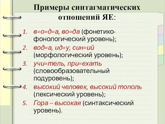 Примеры синтагматических отношений ЯЕ: в=о=д=а, во=да (фонетико-фонологический уровень); вод=а, ид=у,