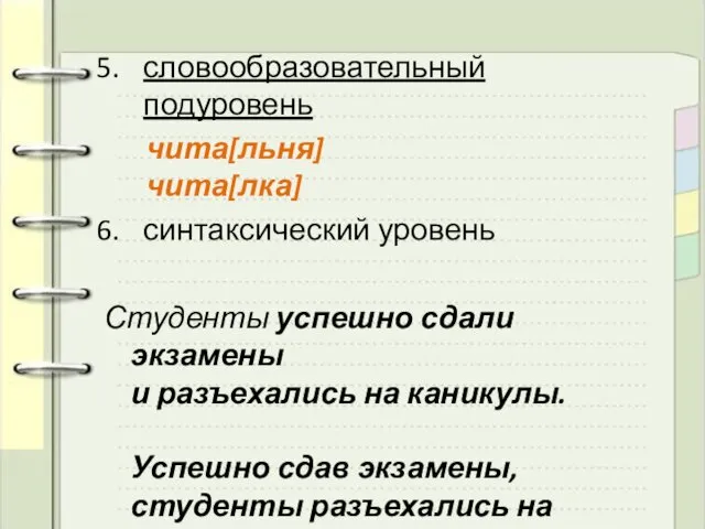 словообразовательный подуровень чита[льня] чита[лка] синтаксический уровень Студенты успешно сдали экзамены