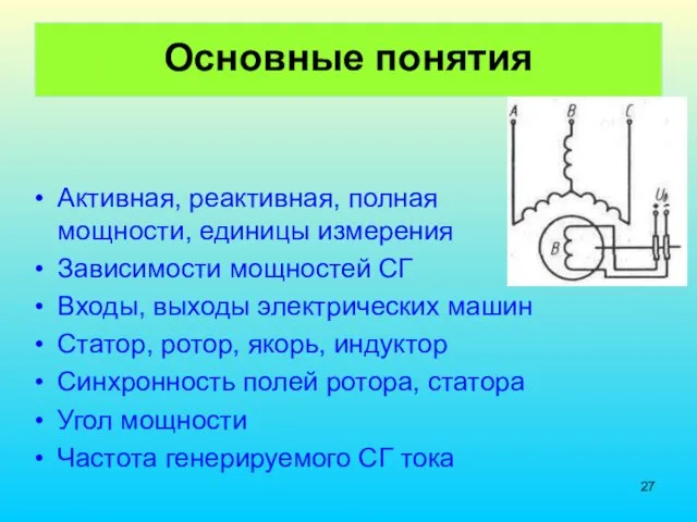 Основные понятия Активная, реактивная, полная мощности, единицы измерения Зависимости мощностей