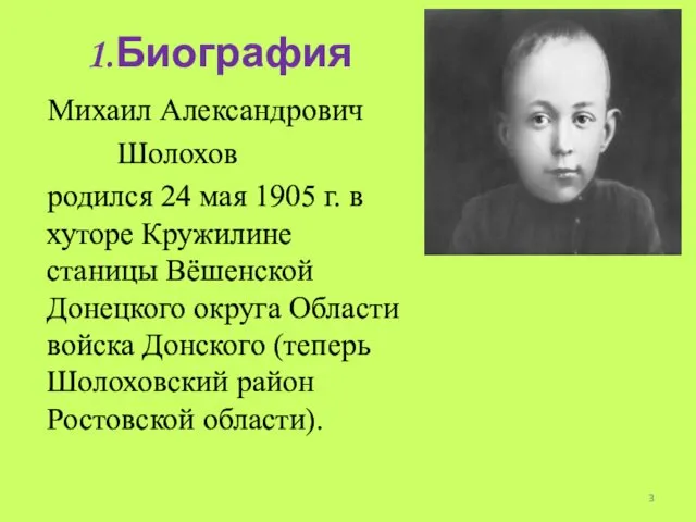 1.Биография Михаил Александрович Шолохов родился 24 мая 1905 г. в