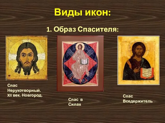 Виды икон: 1. Образ Спасителя: Спас Нерукотворный. XII век. Новгород. Спас в Силах Спас Вседержитель