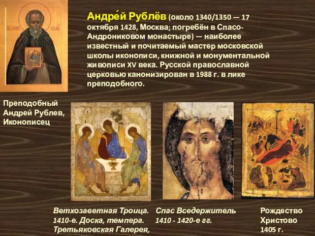 Преподобный Андрей Рублев, Иконописец Андре́й Рублёв (около 1340/1350 — 17 октября 1428, Москва;