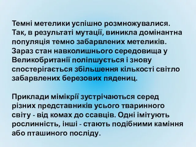 Темні метелики успішно розмножувалися. Так, в результаті мутації, виникла домінантна