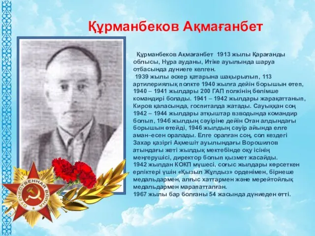 Құрманбеков Ақмағанбет 1913 жылы Қарағанды облысы, Нұра ауданы, Итіке ауылында