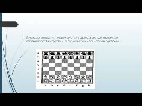 Система координат используется в шахматах, где вертикали обозначаются цифрами, а горизонтали латинскими буквами.