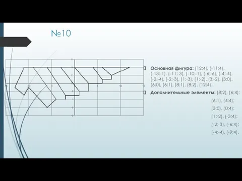 №10 Основная фигура: (12;4), (-11;4), (-13;-1), (-11;-3), (-10;-1), (-6;-6), (-4;-4),