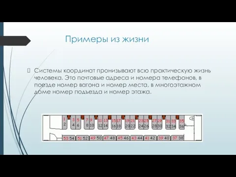 Примеры из жизни Системы координат пронизывают всю практическую жизнь человека.