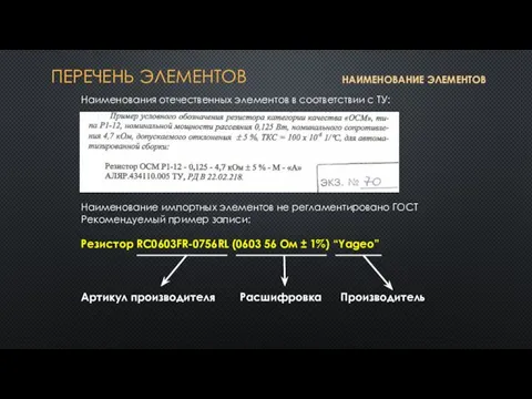 ПЕРЕЧЕНЬ ЭЛЕМЕНТОВ Наименования отечественных элементов в соответствии с ТУ: Наименование