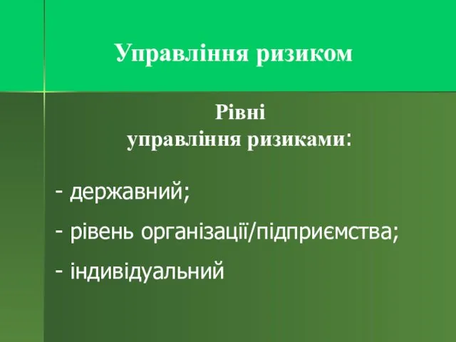 Управління ризиком Рівні управління ризиками: - державний; - рівень організації/підприємства; - індивідуальний