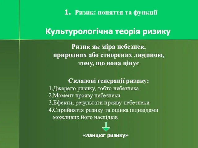 Ризик: поняття та функції Культурологічна теорія ризику Ризик як міра