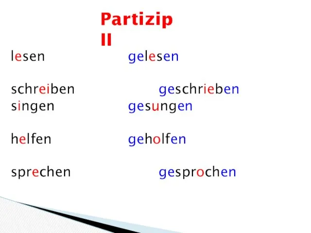 Partizip II lesen gelesen schreiben geschrieben singen gesungen helfen geholfen sprechen gesprochen