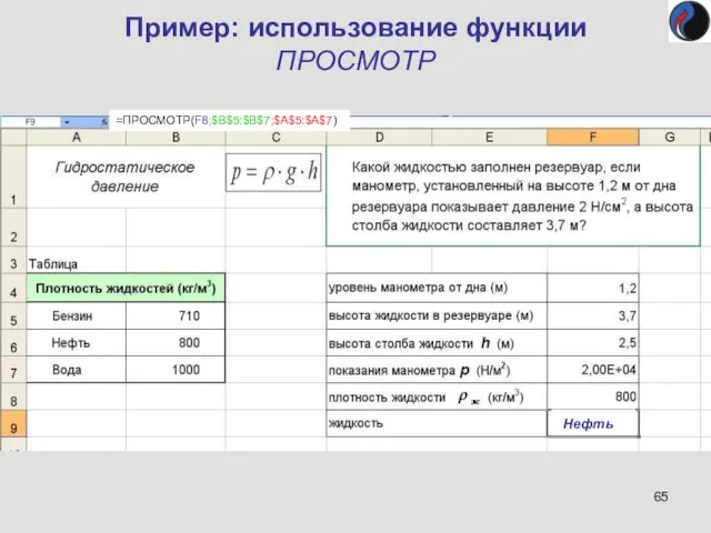 Пример: использование функции ПРОСМОТР =ПРОСМОТР(F8;$B$5:$B$7;$A$5:$A$7) Нефть