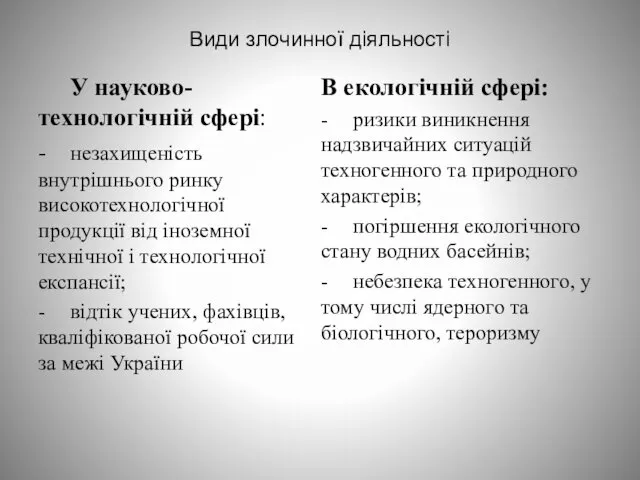 Види злочинної діяльності У науково-технологічній сфері: - незахищеність внутрішнього ринку