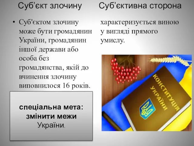 Суб’єкт злочину Суб’єктивна сторона Суб'єктом злочину може бути громадянин України,