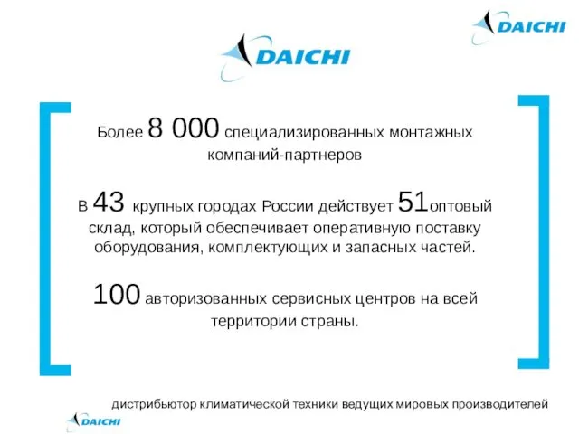 Более 8 000 специализированных монтажных компаний-партнеров В 43 крупных городах России действует 51оптовый