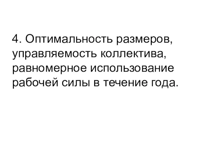 4. Оптимальность размеров, управляемость коллектива, равномерное использование рабочей силы в течение года.