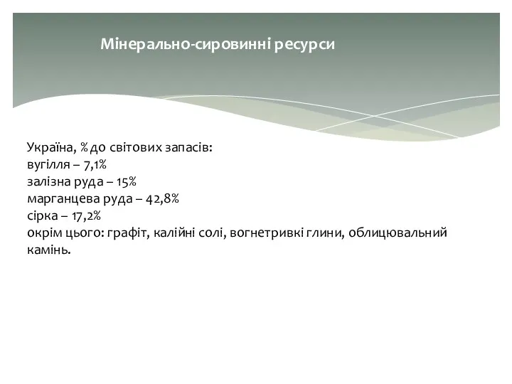 Мінерально-сировинні ресурси Україна, % до світових запасів: вугілля – 7,1%