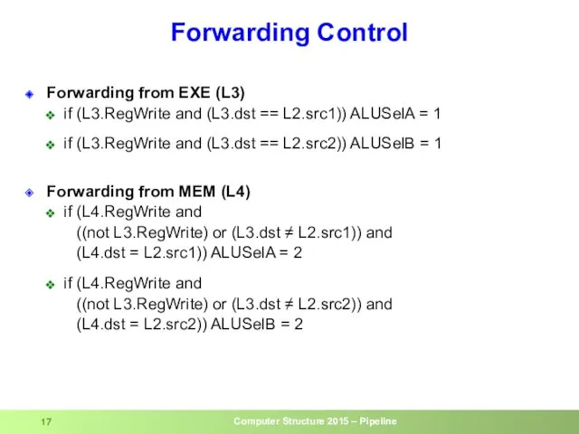 Forwarding Control Forwarding from EXE (L3) if (L3.RegWrite and (L3.dst