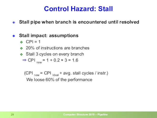 Control Hazard: Stall Stall pipe when branch is encountered until
