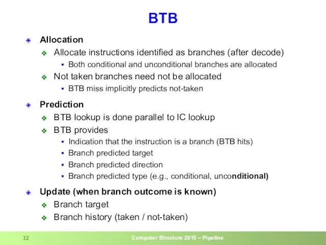 BTB Allocation Allocate instructions identified as branches (after decode) Both