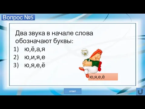 Вопрос №5 Два звука в начале слова обозначают буквы: ю,ё,а,я ю,и,я,е ю,я,е,ё ю,я,е,ё ответ