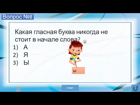 Вопрос №8 Какая гласная буква никогда не стоит в начале слова? А Я Ы ы ответ