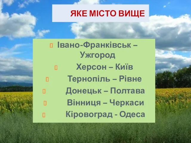 ЯКЕ МІСТО ВИЩЕ Івано-Франківськ – Ужгород Херсон – Київ Тернопіль