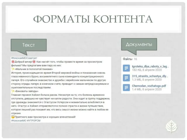 ФОРМАТЫ КОНТЕНТА Текст Документы