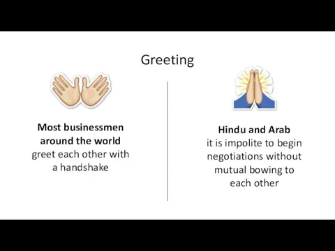 Greeting Most businessmen around the world greet each other with