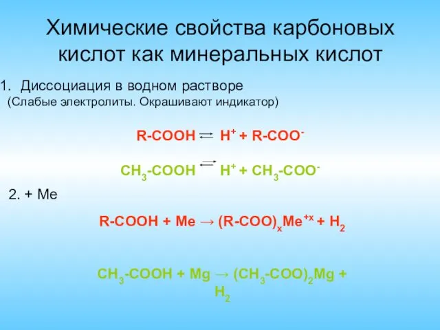 Химические свойства карбоновых кислот как минеральных кислот Диссоциация в водном