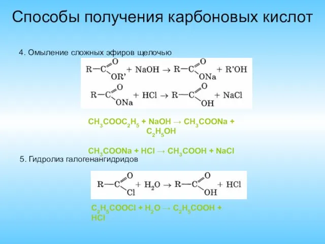 Способы получения карбоновых кислот 4. Омыление сложных эфиров щелочью CH3COOC2H5