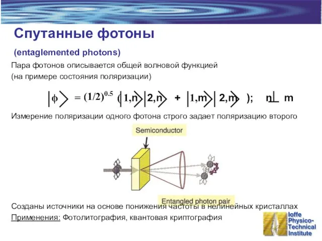 Спутанные фотоны (entaglemented photons) Пара фотонов описывается общей волновой функцией