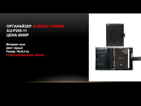 ОРГАНАЙЗЕР AURORA TORINO AU-P205-11 ЦЕНА 6000Р Материал: кожа Цвет: черный Размер: 19х24,3 см Страна производитель: Италия