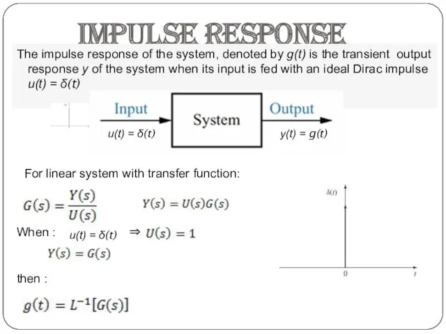 Impulse response The impulse response of the system, denoted by