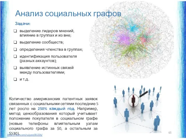 Анализ социальных графов Задачи: выделение лидеров мнений, влияние в группах