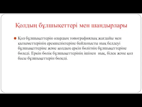 Қолдың бұлшықеттері мен шандырлары Қол бұлшықеттерін олардың топографиялық жағдайы мен