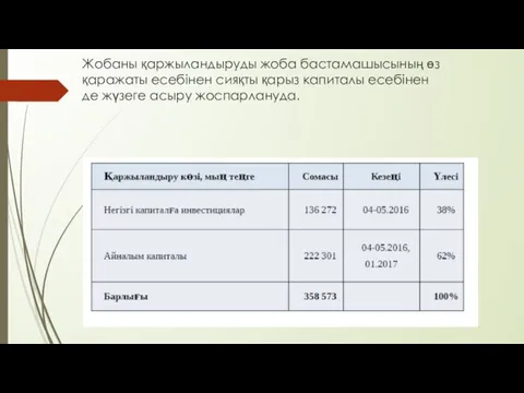 Жобаны қаржыландыруды жоба бастамашысының өз қаражаты есебінен сияқты қарыз капиталы есебінен де жүзеге асыру жоспарлануда.