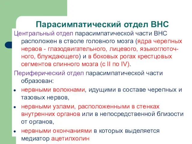 Парасимпатический отдел ВНС Центральный отдел парасимпатической части ВНС расположен в