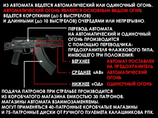 ИЗ АВТОМАТА ВЕДЕТСЯ АВТОМАТИЧЕСКИЙ ИЛИ ОДИНОЧНЫЙ ОГОНЬ. АВТОМАТИЧЕСКИЙ ОГОНЬ ЯВЛЯЕТСЯ